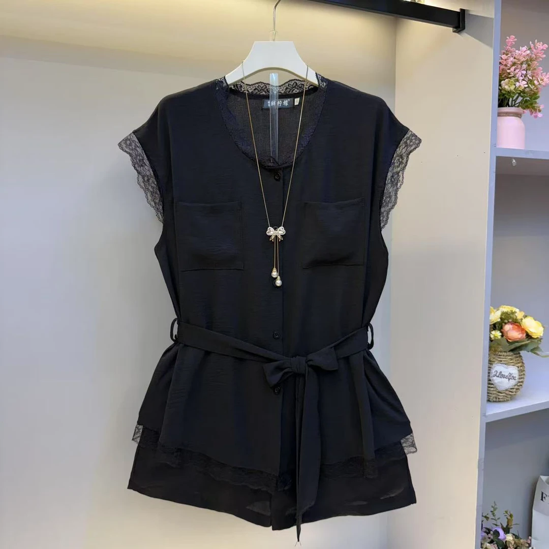 2025年新款大码女装气质优雅蕾丝边收腰上衣短裤(可单拍)