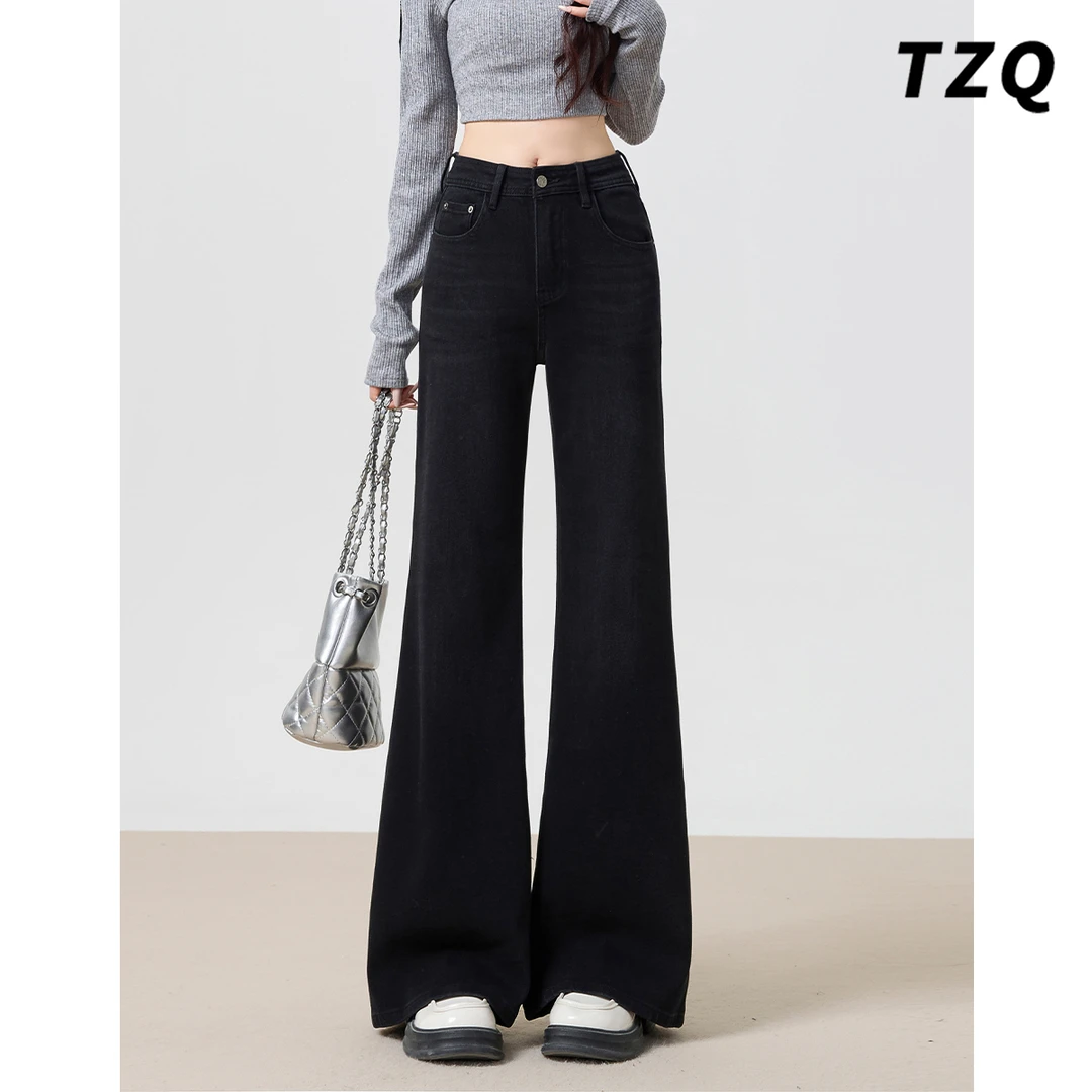 黑色高腰微喇牛仔裤女款爆款2025新款宽松显瘦不贴腿喇叭裤子春秋
