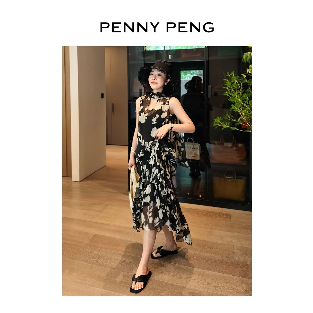 PENNYPENG染夏设计师时尚气质品质两色飘带气质印花两件套连衣裙