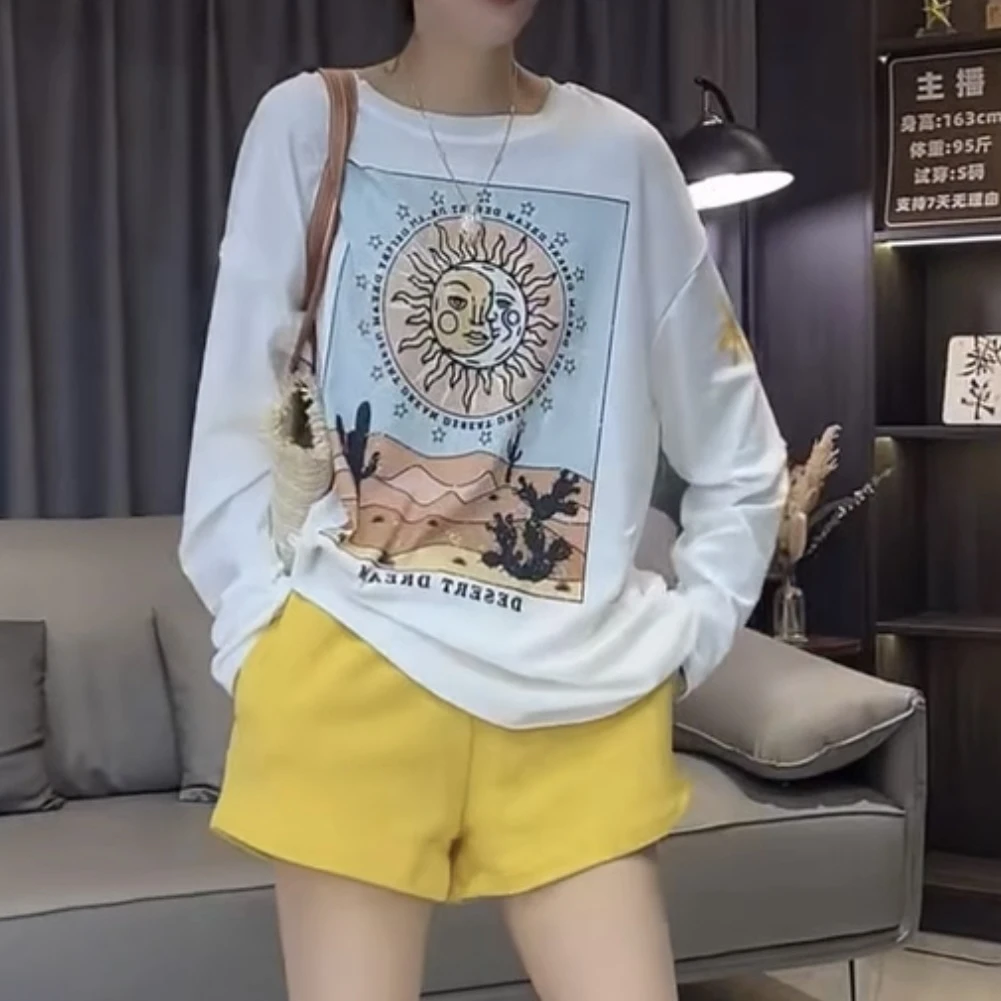 防晒印花宽松型长袖拼色圆领T恤减龄网红韩版上衣女装1206
