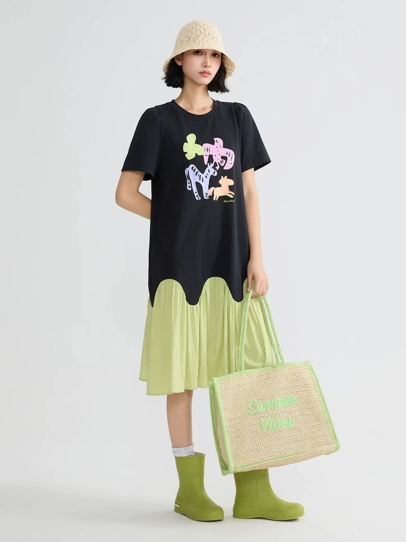 【动物印花】2025夏季新款时尚印花拼接短袖T恤连衣裙D0351