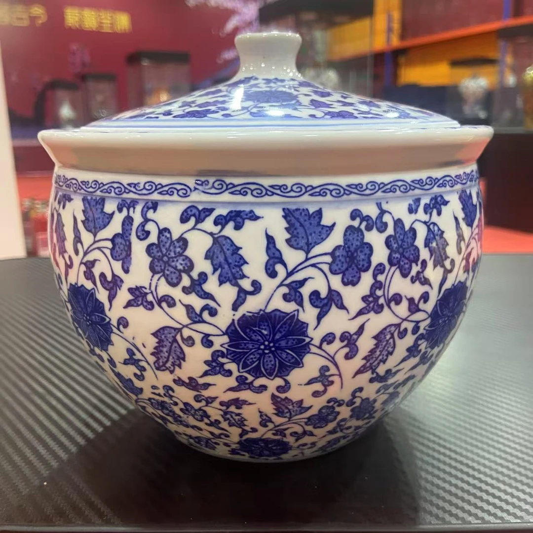 【百善瓷业】青花缠枝莲满工猪油罐GZ