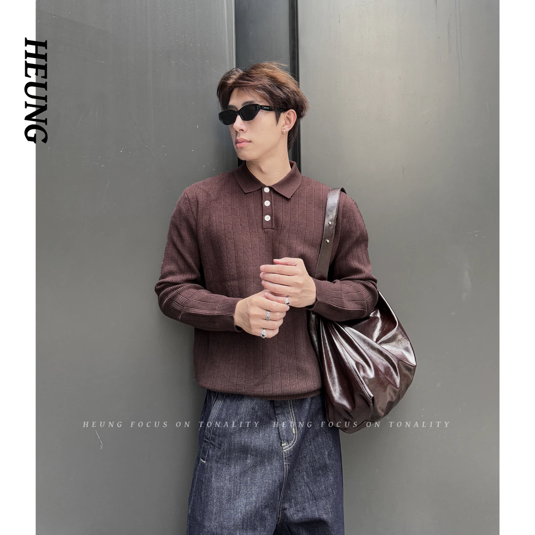 HEUNG 秋冬肌理感针织衫极简轻奢纯色翻领百搭套头翻领POLO毛衣男