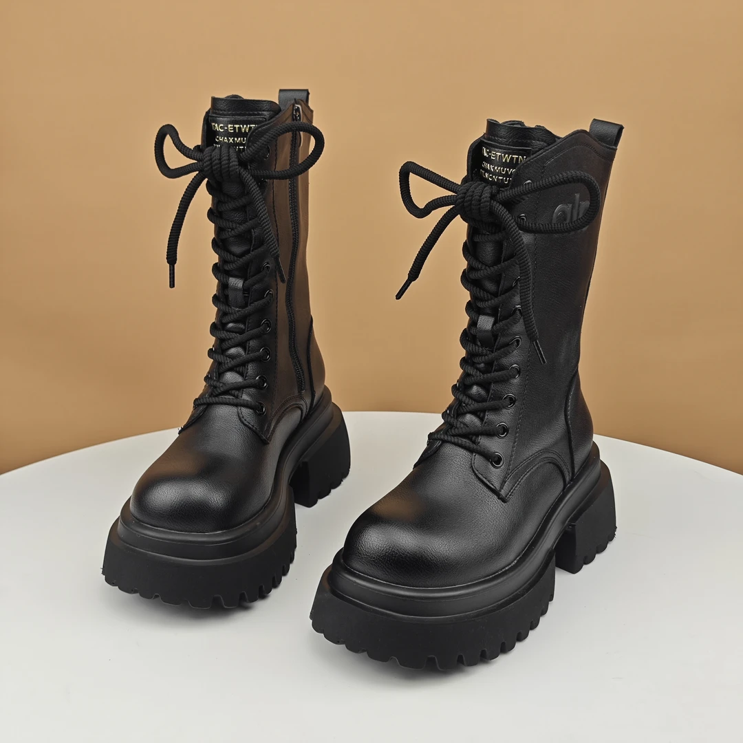小个子厚底中筒骑士靴女2025秋冬新款加绒百搭绑带设计感马丁靴