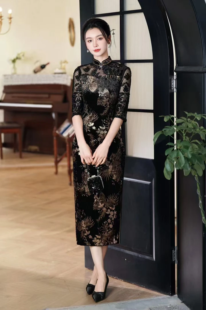 【金贵夫人】网纱植绒提花气质时尚修身高端丝绒烫金苏州旗袍