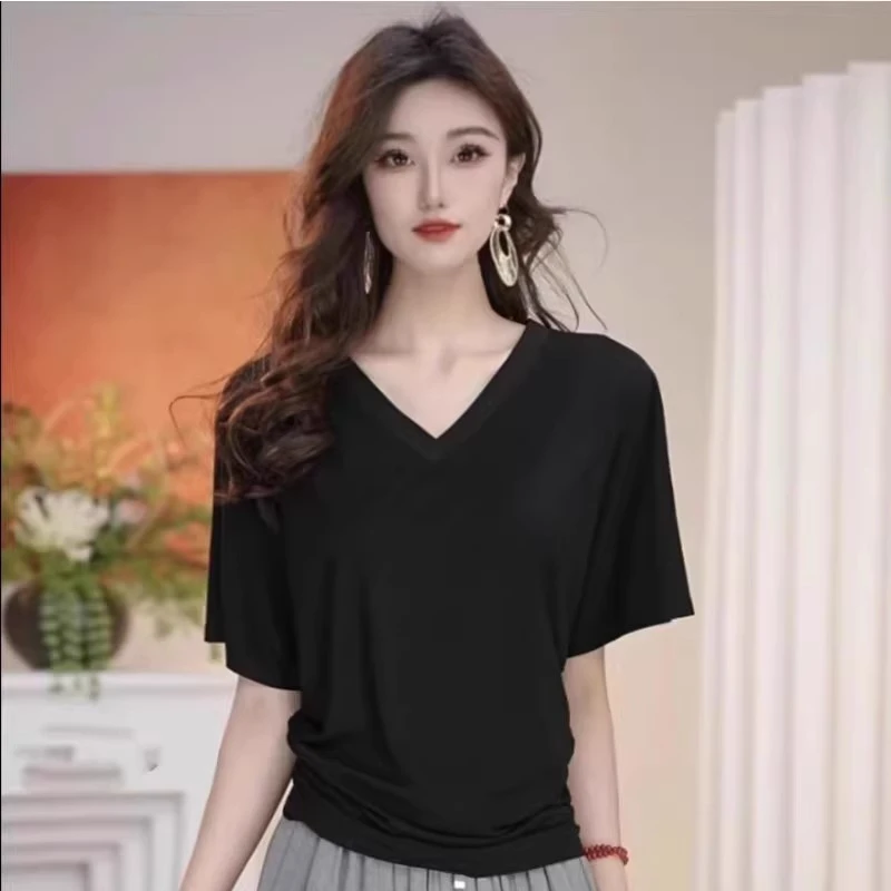 【专柜品质】春夏气质新款V领宽松显瘦简约短袖T恤上衣530081