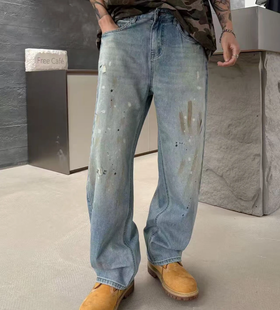 意式轻奢牛仔裤薄款阔腿版型立体剪裁男士水洗休闲时尚做旧