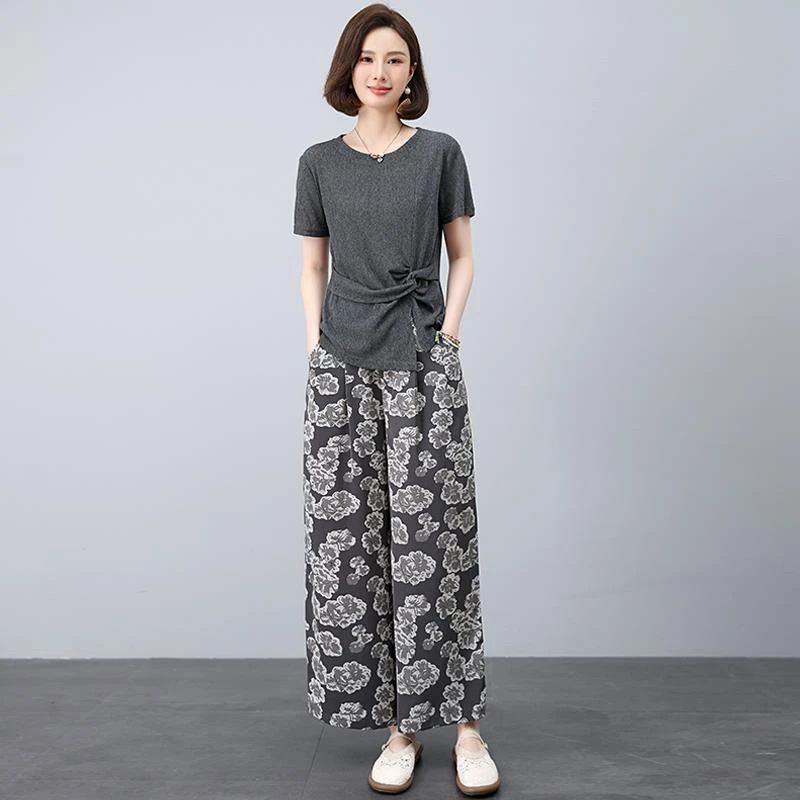 时尚大码套装女今年夏季新款洋气减龄显瘦短袖阔腿裤休闲两件套潮