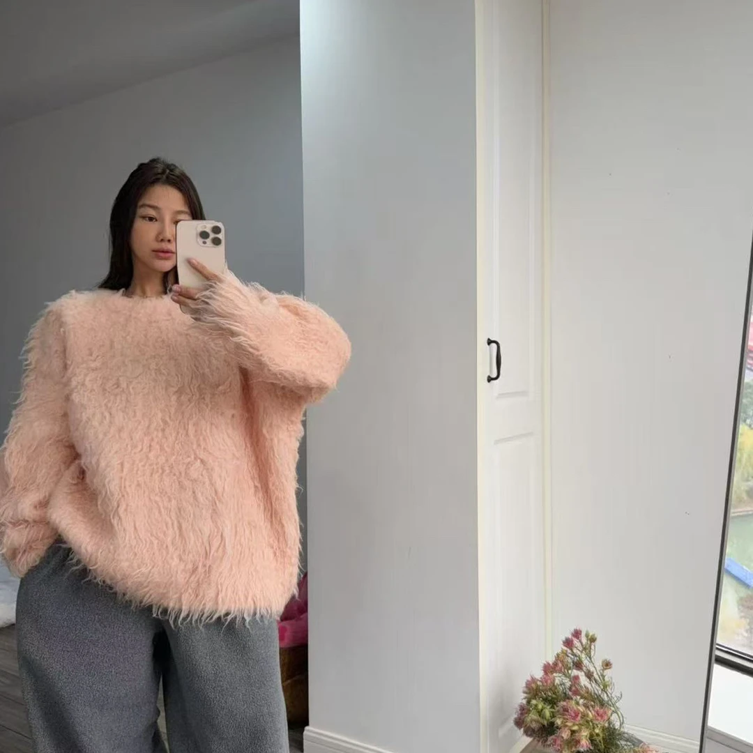 模特自留冬季新款 氛围感毛毛很长的粉色毛衣女