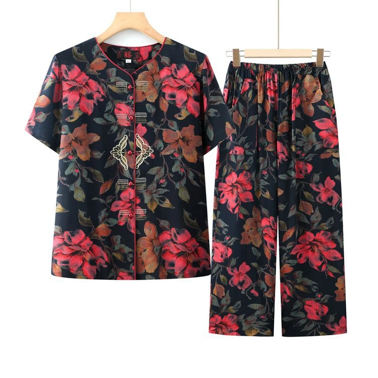 奶奶装夏装短袖套装60岁70太太衣服80老年人棉绸两件套妈妈装开衫