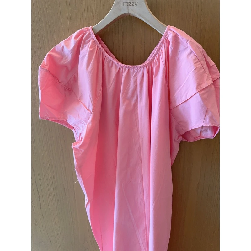 【张静芝】简约粉色花苞袖连衣裙