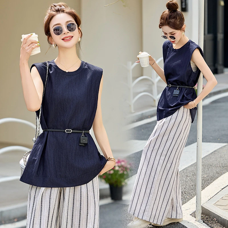 设计感气质无袖牛仔套装女2025夏季新款休闲时尚条纹阔腿裤两件套