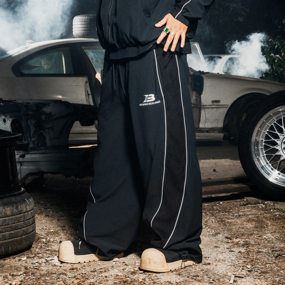 邦BANG 麂皮拼接尼龙长裤 宽松直筒抽绳休闲裤松紧腰裤子套装秋潮