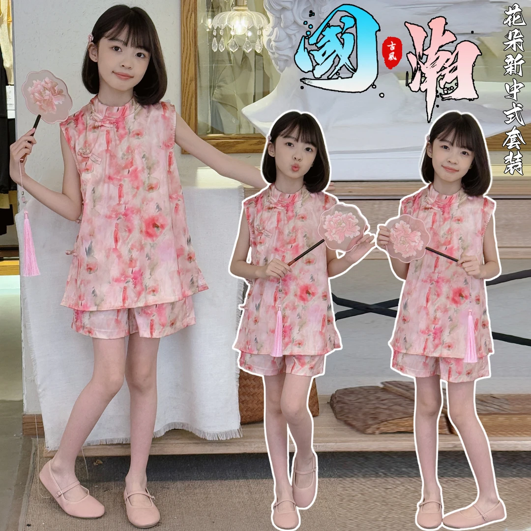 女童国风夏季两件套2025新款国风复古新中式儿童短裤新中式套装
