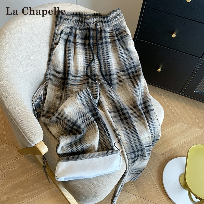 拉夏贝尔慵懒风卡其色毛呢格子裤女秋冬加绒保暖直筒宽松阔腿裤子