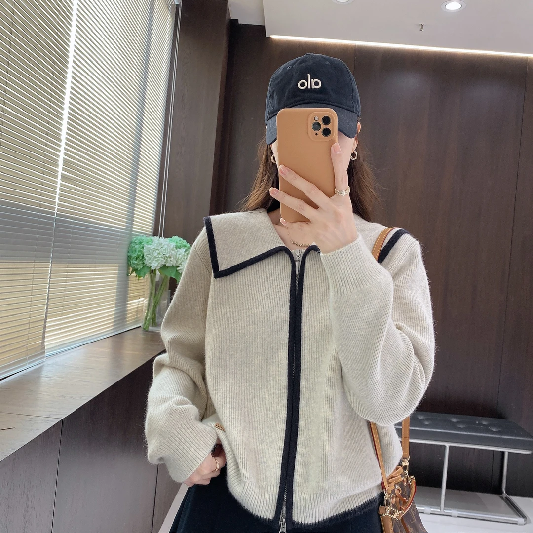 IMFLY金小金自制女装 针织衫DYW9902秋季海军领撞色拉链针织上衣