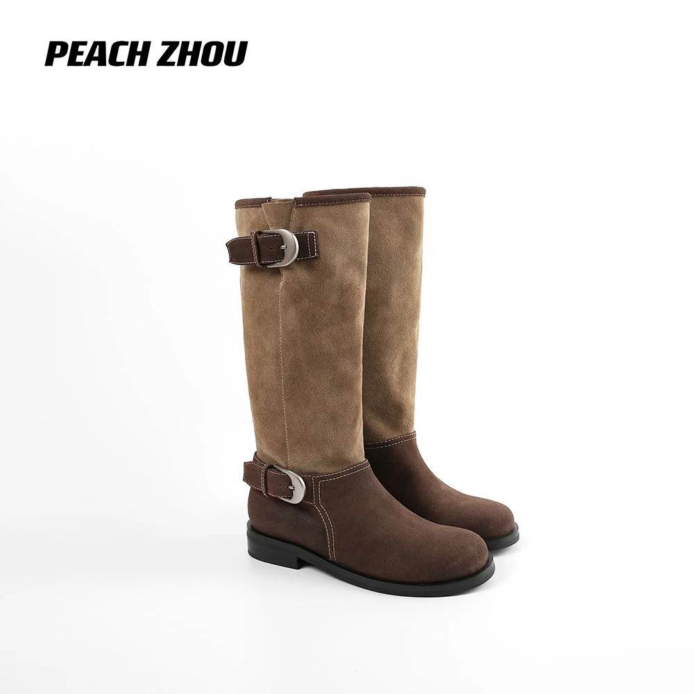 『PEACHZHOU』牛反绒羊皮莱卡布复古皮带扣高筒靴西部游牧风堆堆靴