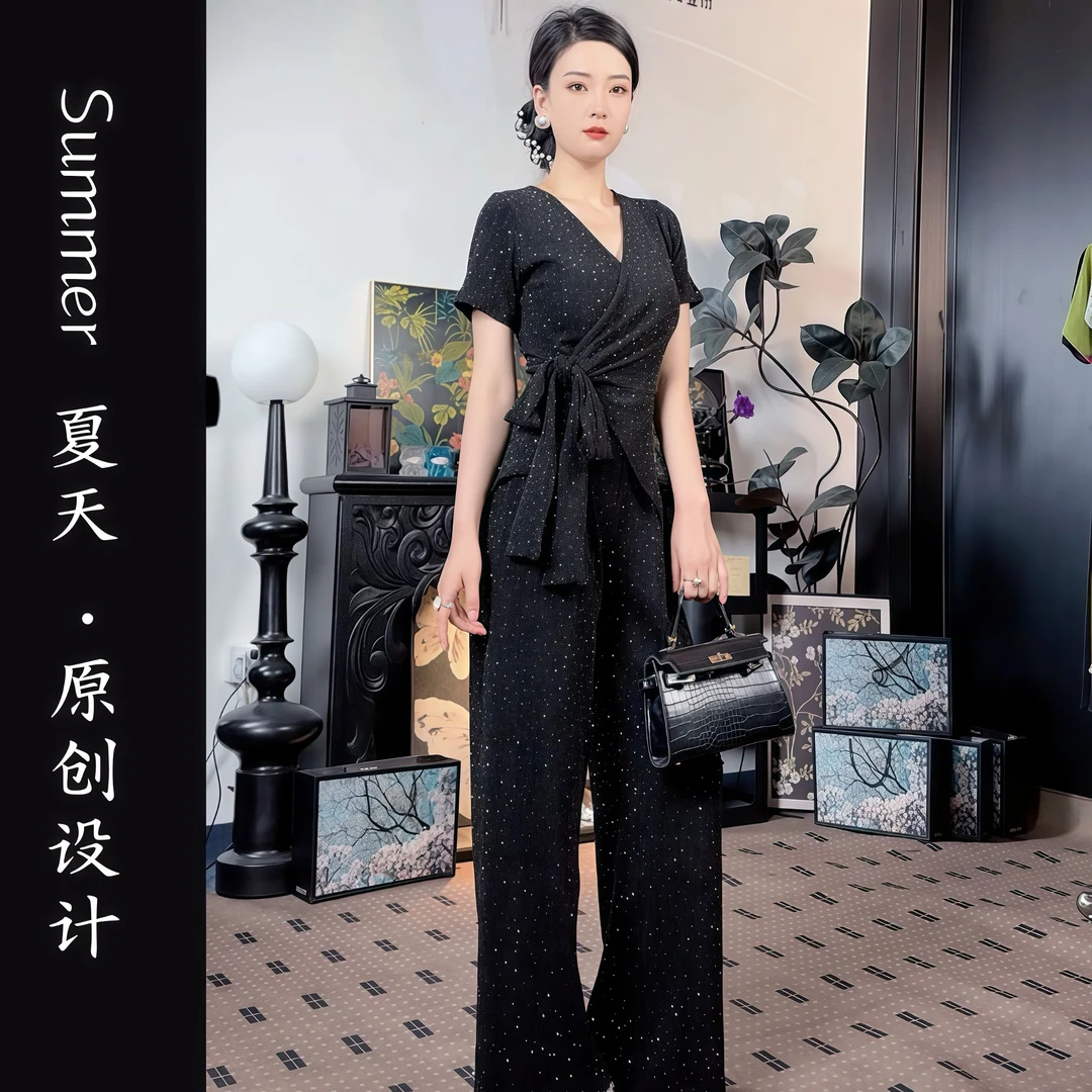 (女主角）亮闪上衣+休闲拖地裤两件套2025夏季新款时髦套装L5184#