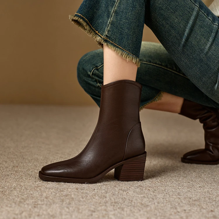 牛皮跟7cm34-41复古方头粗跟显瘦秋冬侧拉链短靴高跟女大码女靴