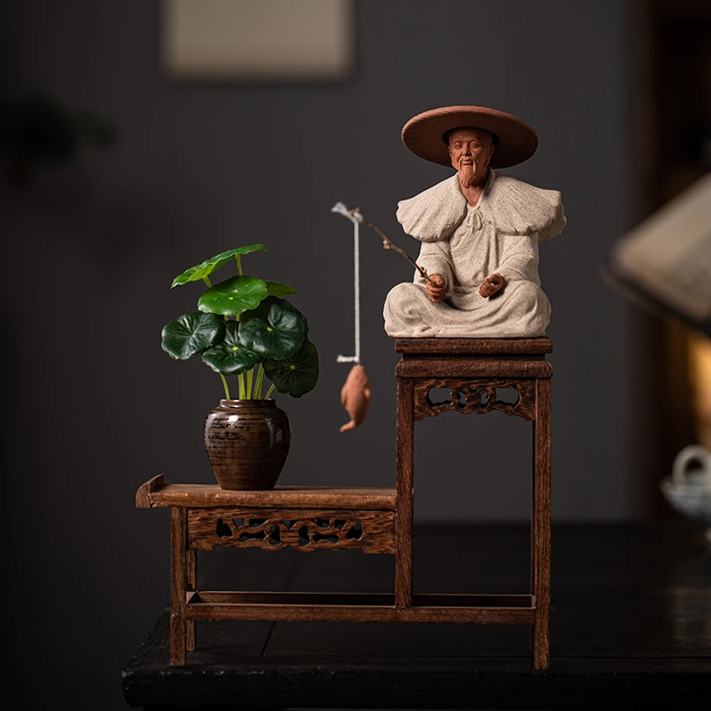 中式禅意姜太公钓鱼彩砂陶瓷人物摆件假山造景书房卧室摆设工艺品
