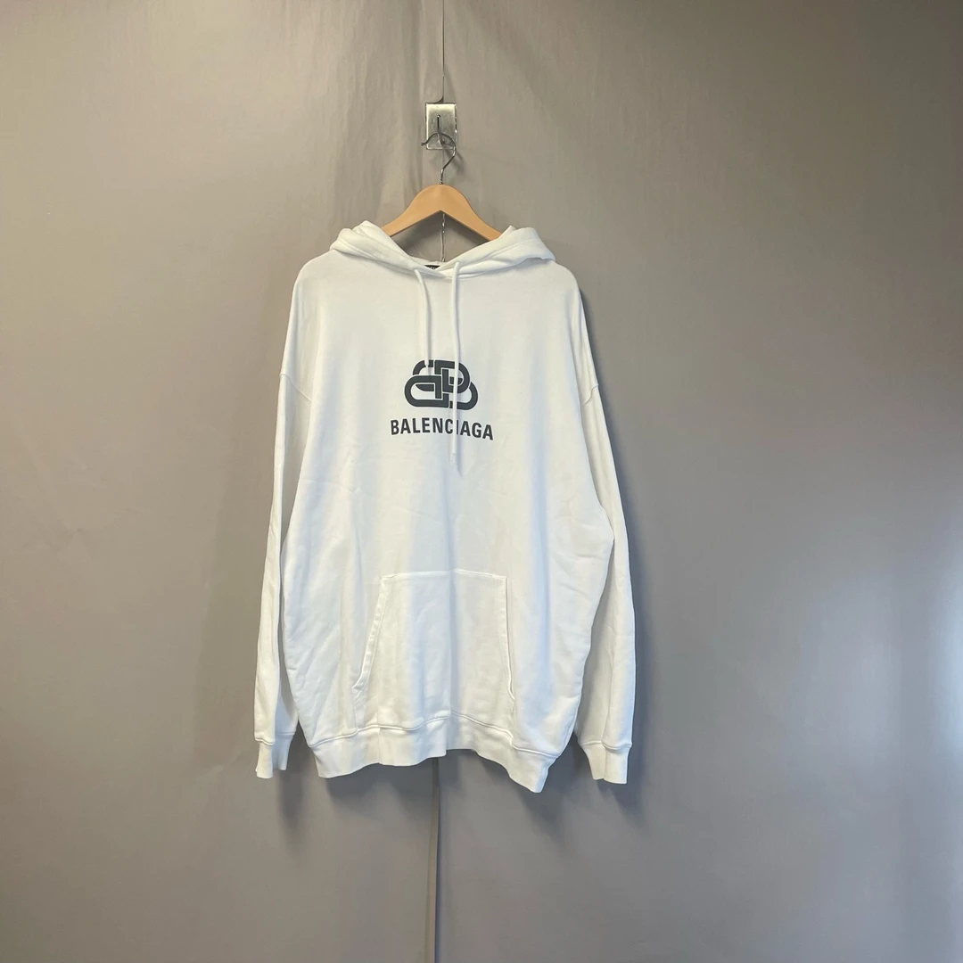 99新 Balenciaga/巴黎世家 黑色锁扣logo白色连帽卫衣 M码 #8186