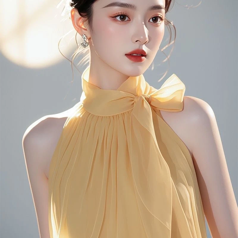 时尚百搭今年流行仙气飘飘杏色无袖挂脖雪纺衬衫女夏季独特上衣女