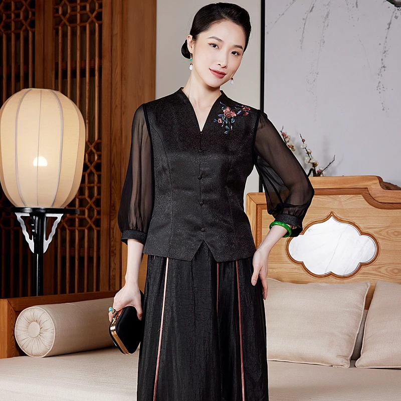 【墨画】提花缎香云纱显瘦气质时尚黑色复古春夏百搭刺绣上衣W25630