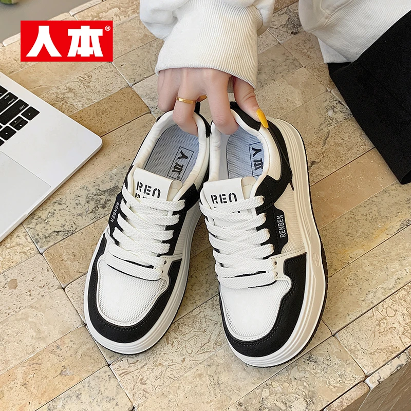 人本奶油网面女款春季新款小众时尚百搭学生减龄面包鞋