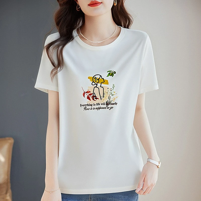 白色印花短袖t恤夏季2025新款宽松大码女装正肩女士圆领上衣百搭