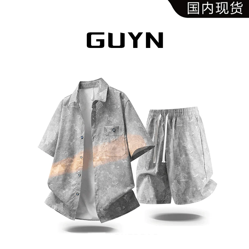 【品牌现货】GUYN美式潮牌短袖衬衫套装男生夏季新款痞帅气两件套