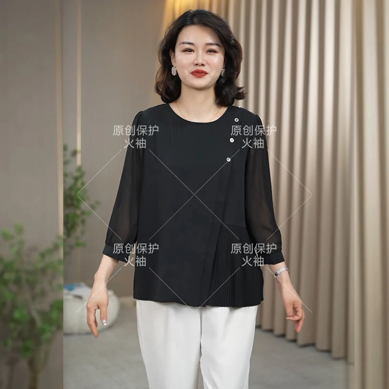火袖F977中年女装妈妈圆领款2025新款早春新款宽松显瘦黑色小衫女