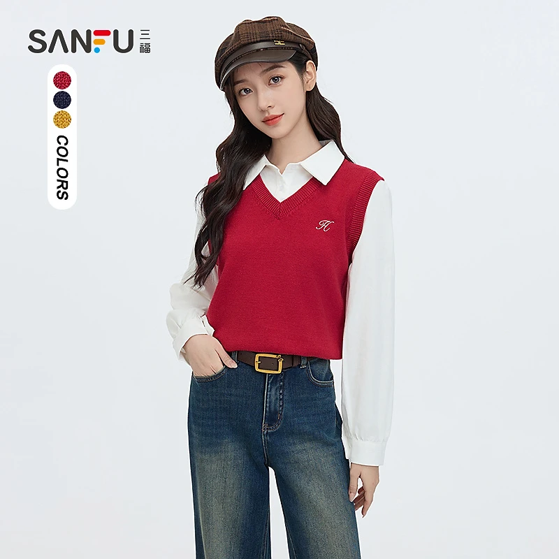 三福毛衣2025春季刺绣设计衬衫马甲假两件上衣女装495455