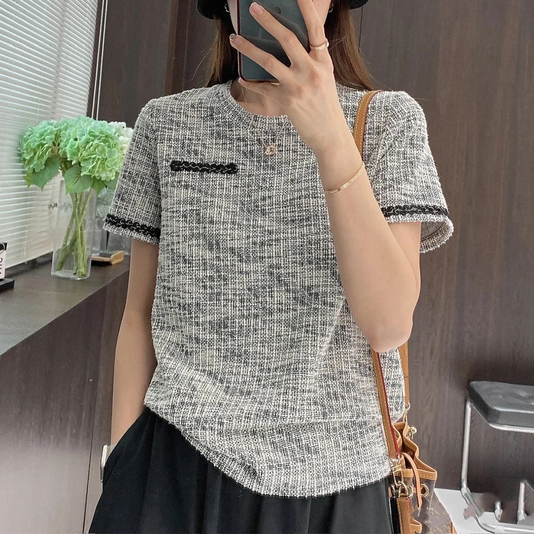 【惬意兰斯】格子拼接吸湿排汗短袖T恤显瘦小众针织套装复古