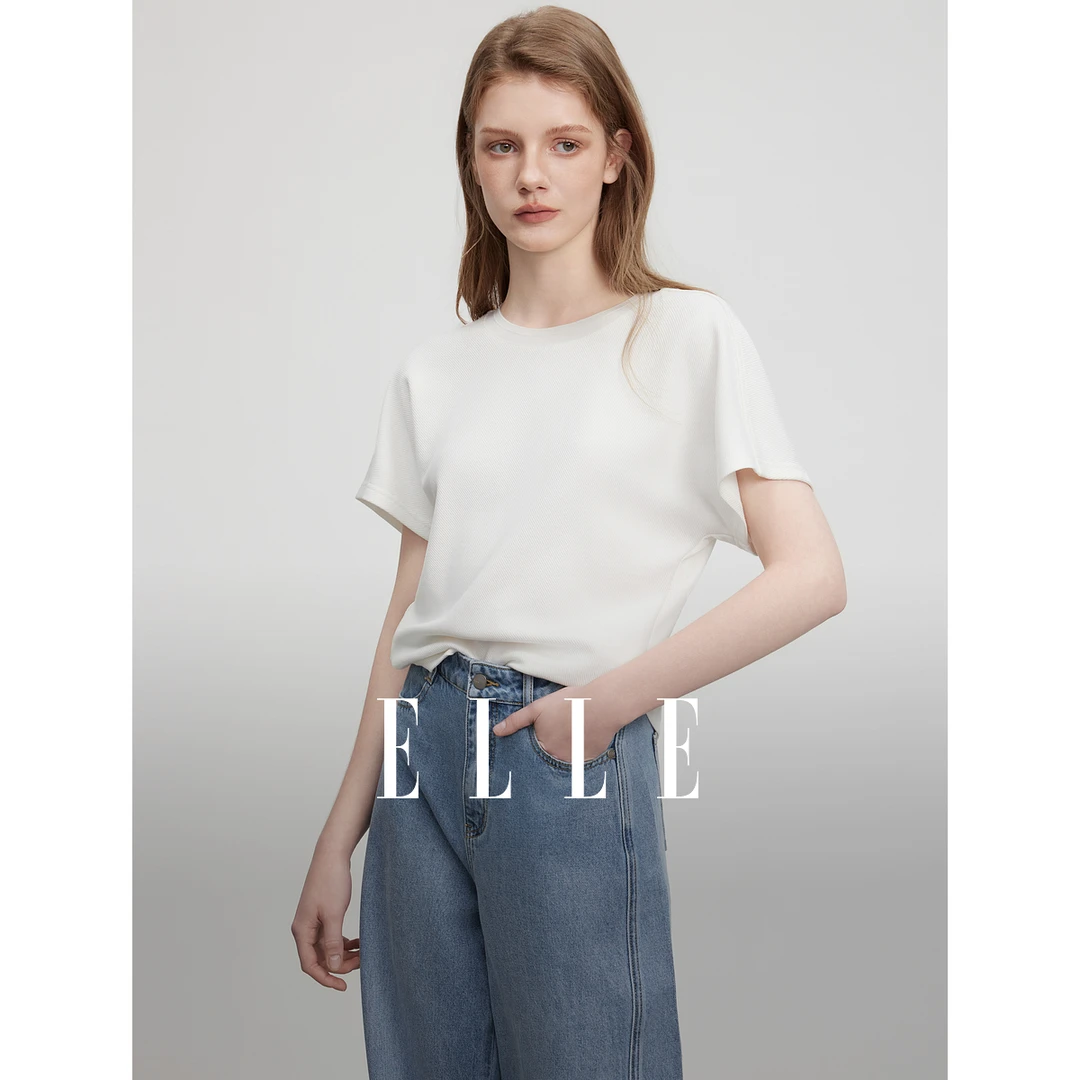 ELLE法式短袖女圆领设计感2025夏新款通勤T恤上衣ET51274