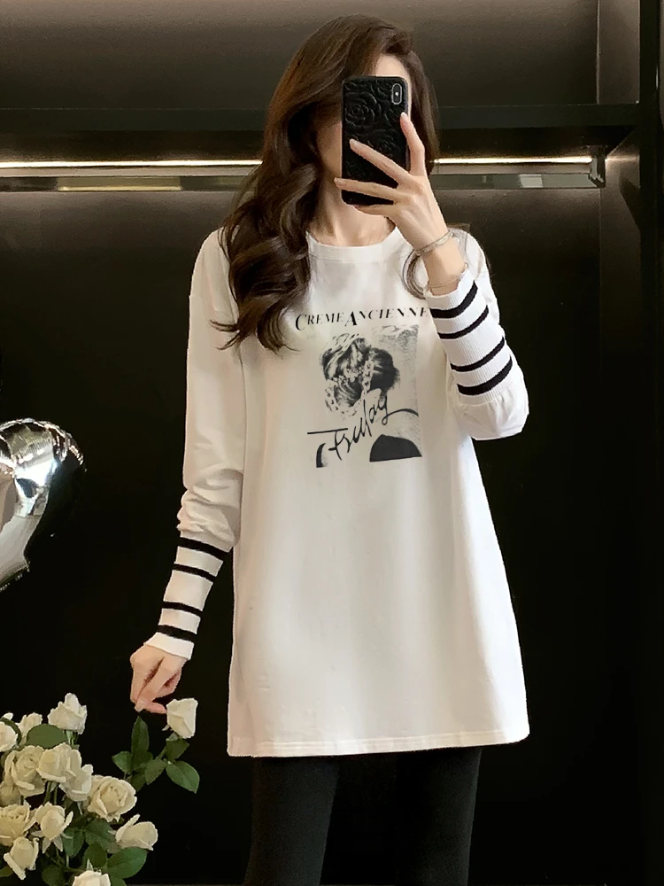 白色t恤女2025新款长袖搭配鲨鱼裤的上衣中长款秋冬白色打底衫潮