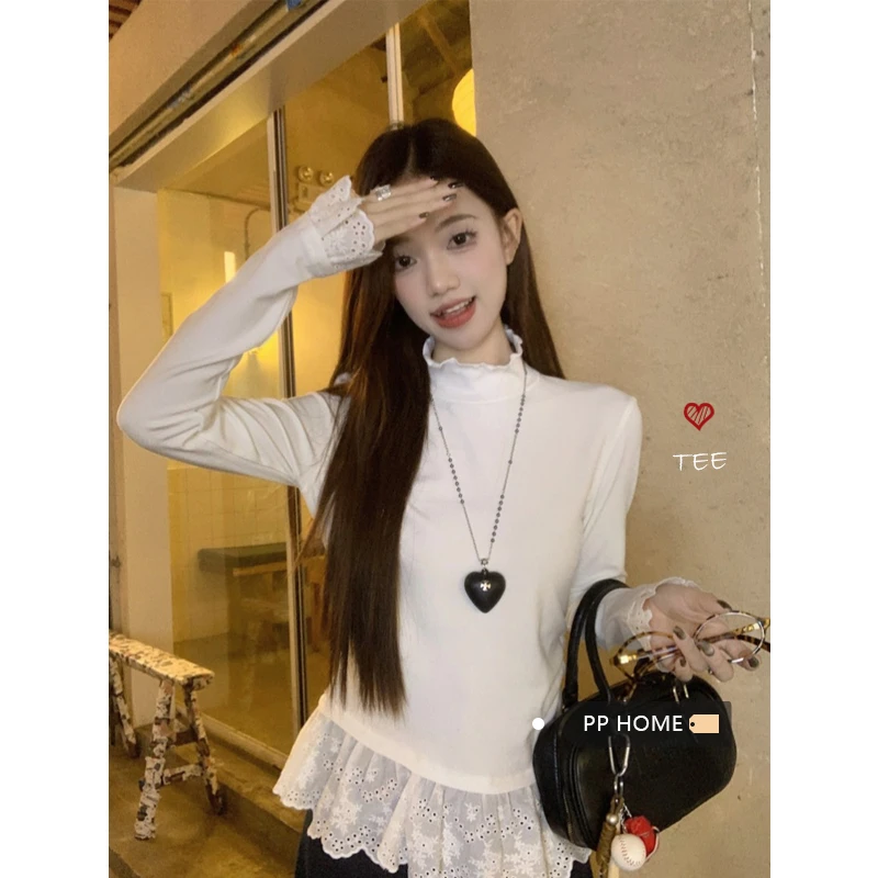 【运补6】蕾丝拼接花边高领打底衫女秋冬chic长袖T恤宽松设计感上衣