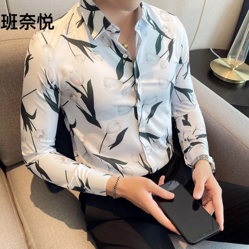 花衬衫男长袖高级感春秋季2025新款秋装痞帅潮流休闲修身男款衬衫