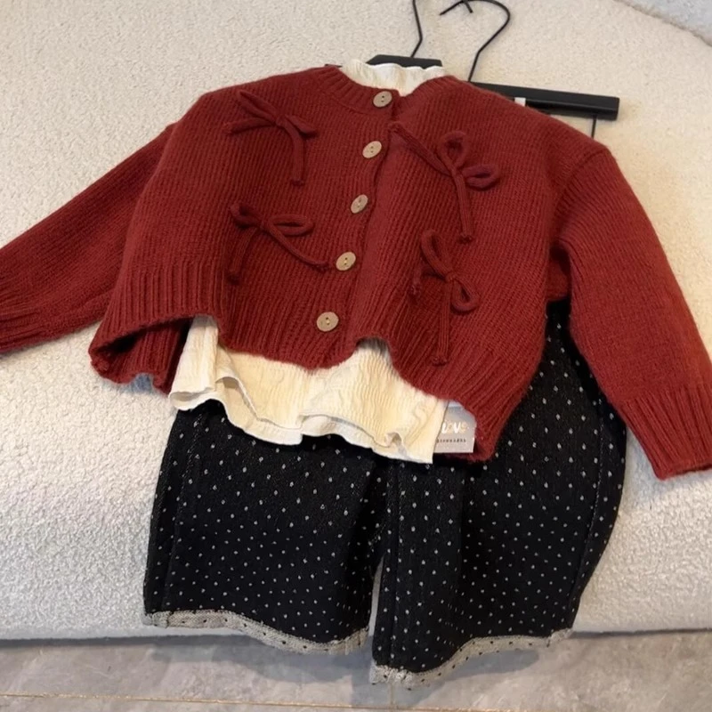 女童秋装2024新款洋气时髦套装儿童立体蝴蝶结针织开衫波点阔腿裤