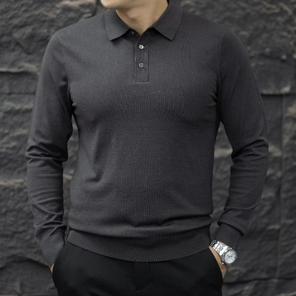 男士商务休闲纯色翻领时尚保暖百搭针织长袖polo衫 QF87