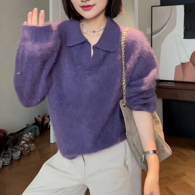 毛茸茸松弛翻领针织衫女2025秋冬慵懒宽松显瘦设计感毛衣法式上衣