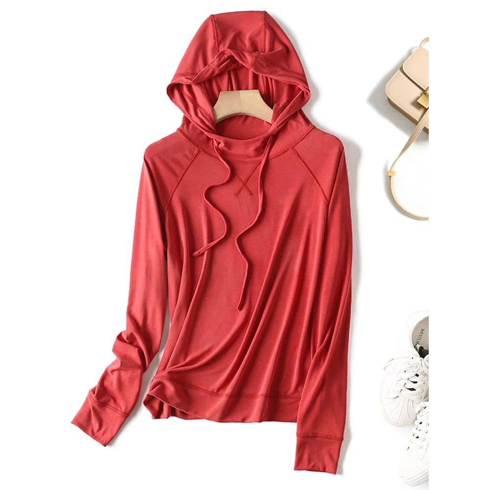 薄款莫代尔连帽卫衣女2024秋季带帽衫长袖t恤短款大码打底小衫潮