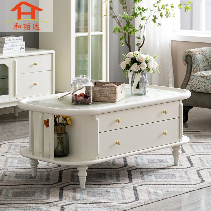 (里昂）美式玻璃桌面茶几现代法式复古奶油风客厅实木家具组合