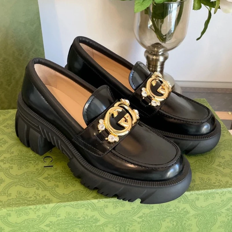 未使用 GUCCI/古驰 全新黑色皮面金色大双G马衔扣镶钻乐福鞋 37码