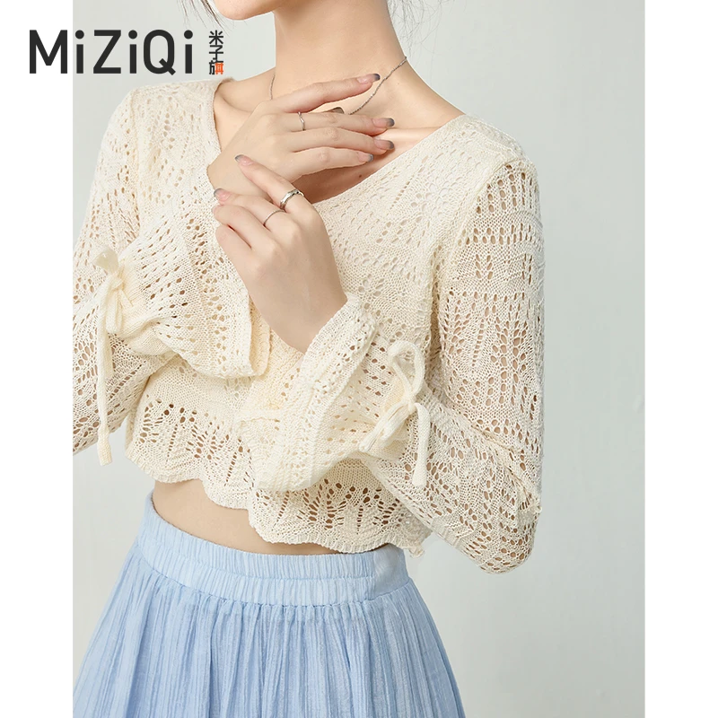米子旗镂空长袖防晒罩衫女夏季新款小众吊带外搭薄款针织衫短上衣