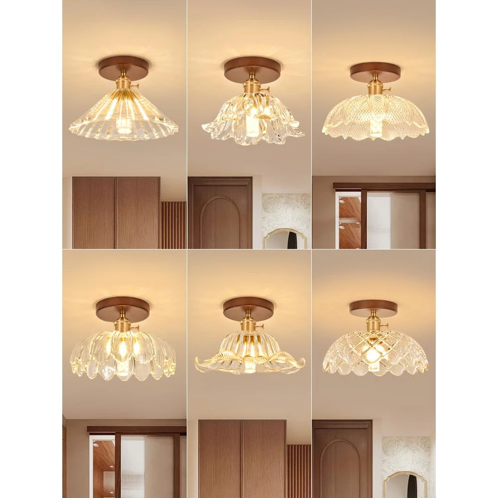 法式走廊过道灯胡桃实木中复古风玻璃玄关衣帽间阳台吸顶灯具P271