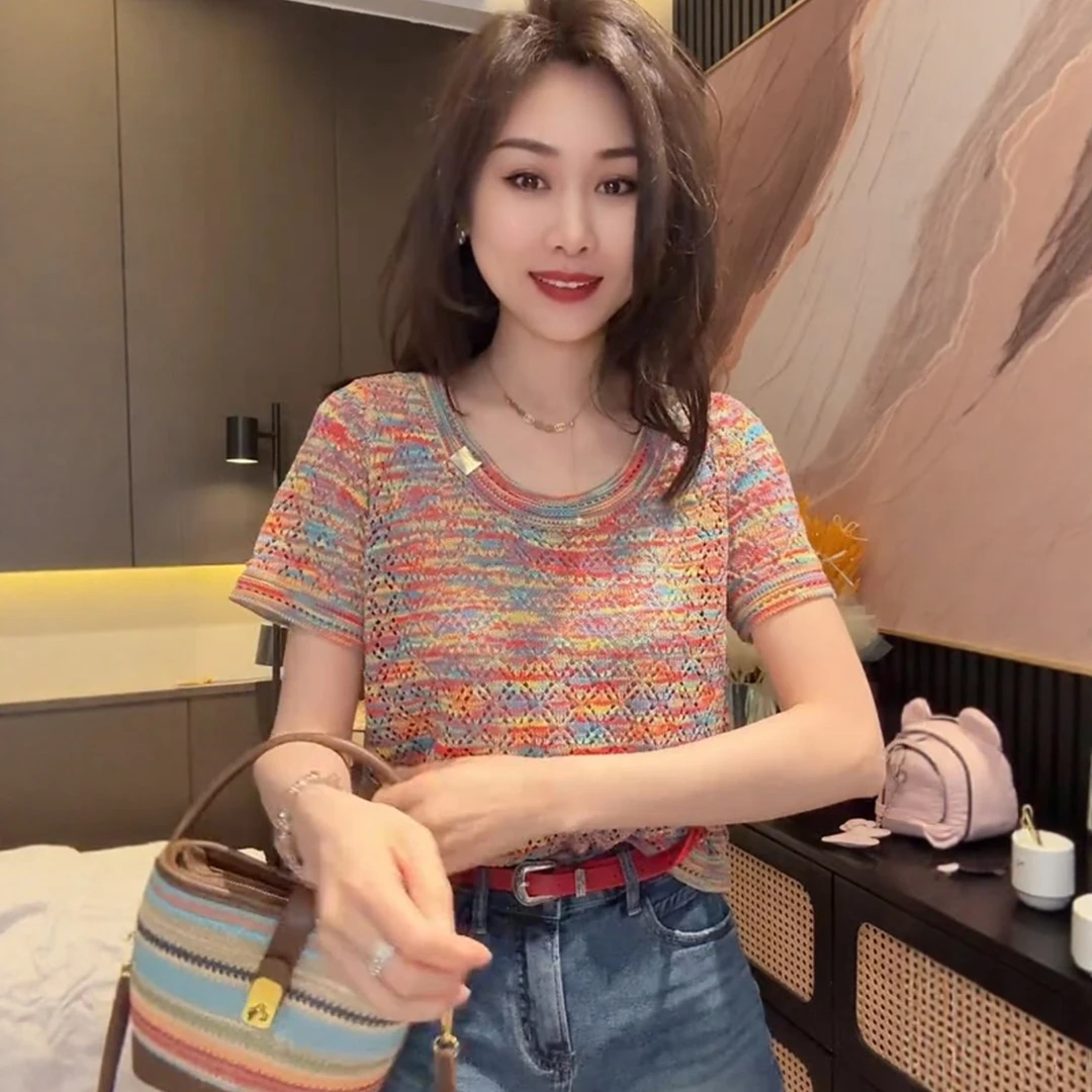 2025夏季爆款洋气设计感打底衫女百搭圆领短袖彩色花线T恤上衣潮