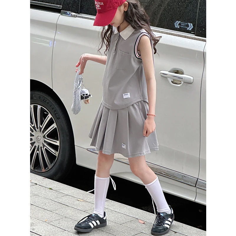 K28467学院风女童运动套装裙2025新款夏装儿童大童洋气两件套时髦