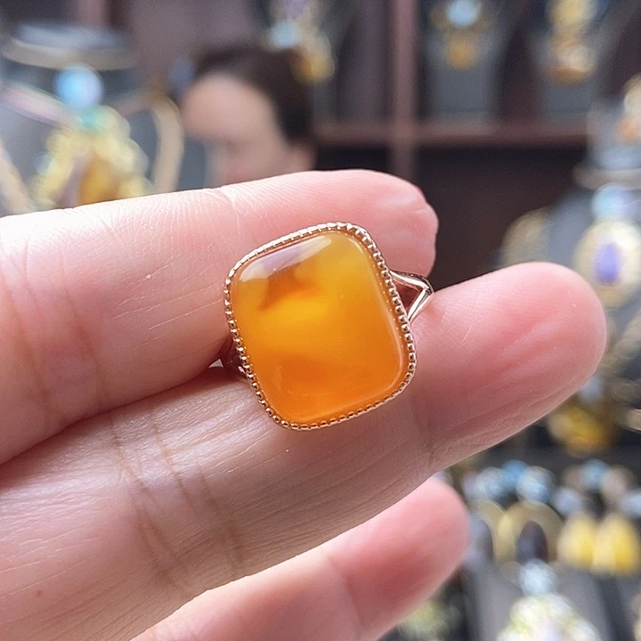 琥珀戒指银S925镶嵌戒指