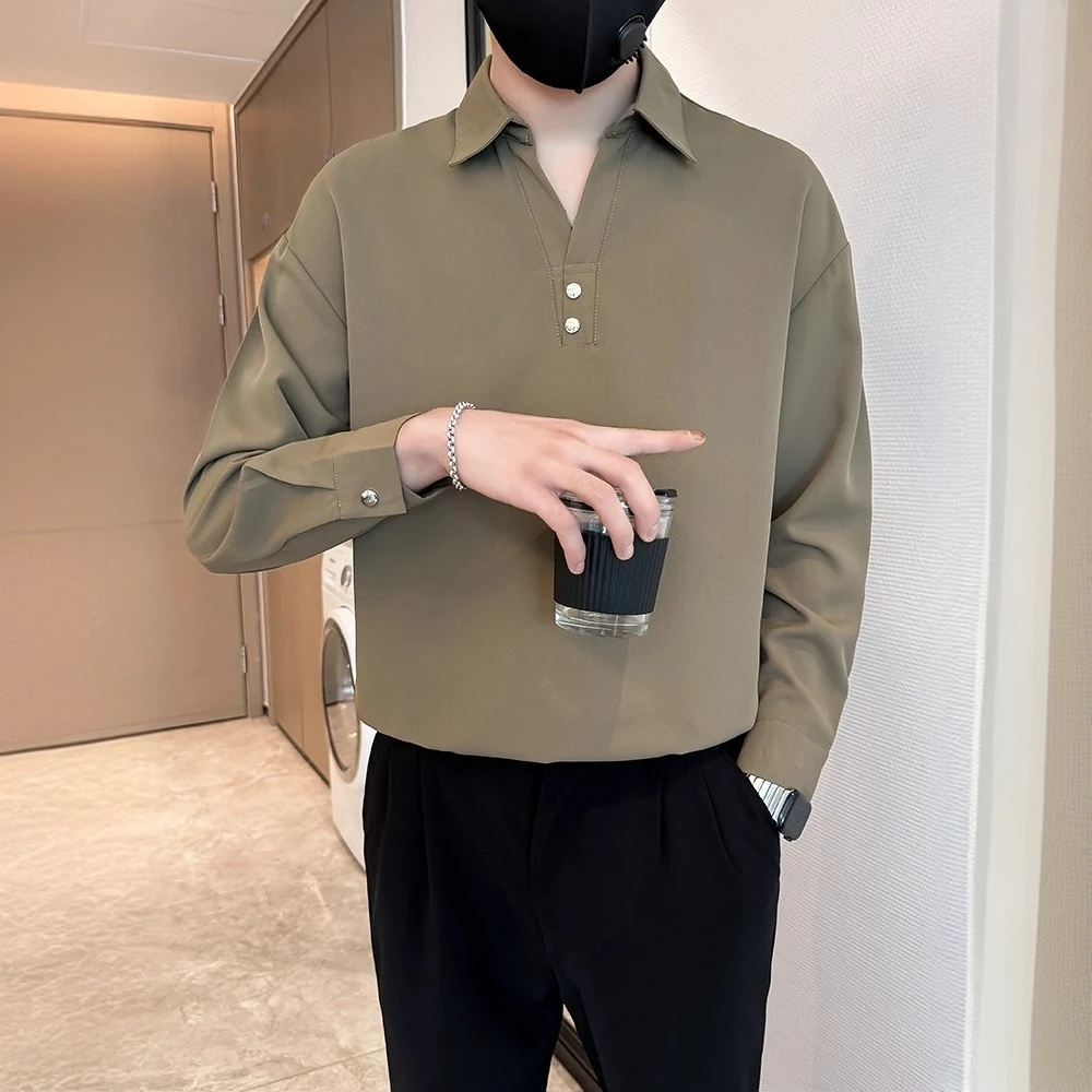 莱蒙璀男休闲上衣宽松春秋季V领长袖POLO纯色商务翻领简约韩版