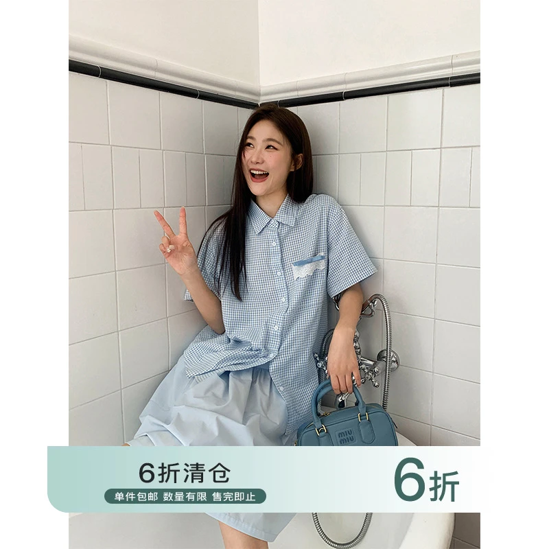 【你好卡农-蕾子】蝴蝶结花边口袋格纹清新衬衫KC24Z3639D清清